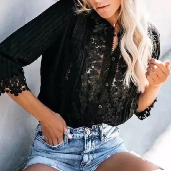 Black Bohemian Lace Crochet Button Front Blouse - Picture 2 of 6